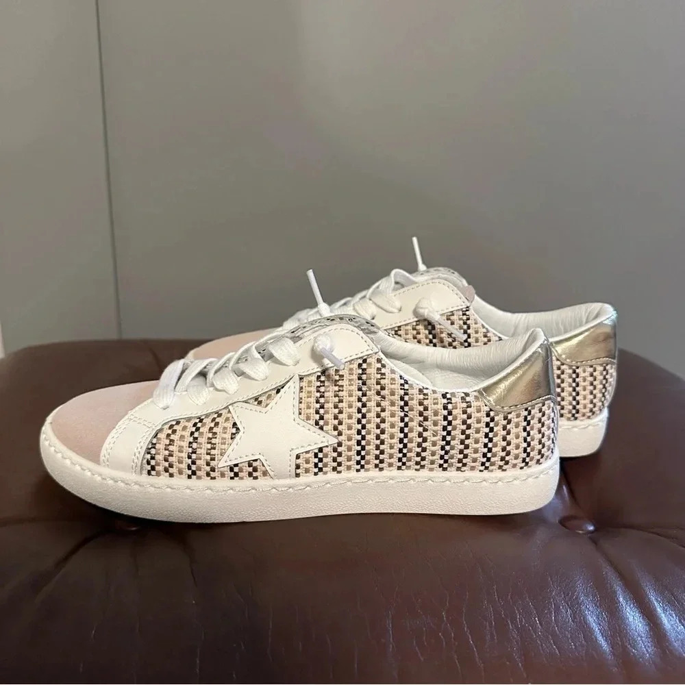 Vintage Havana White, Beige & Metallic Gold Woven Star Sneakers